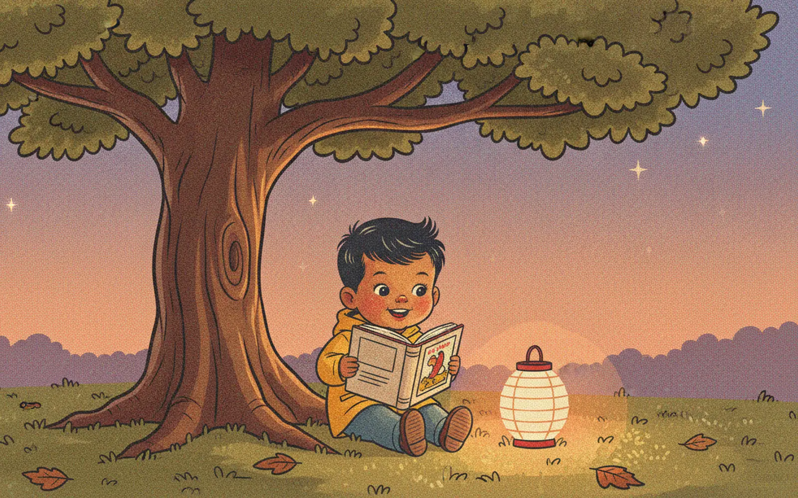 Ravi illustrated in the Retro storybook style — reading under a tree by a paper lantern