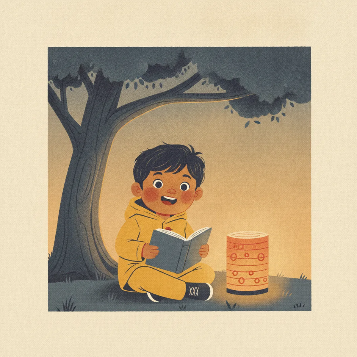 Ravi illustrated in the Risograph print style — reading under a tree by a paper lantern