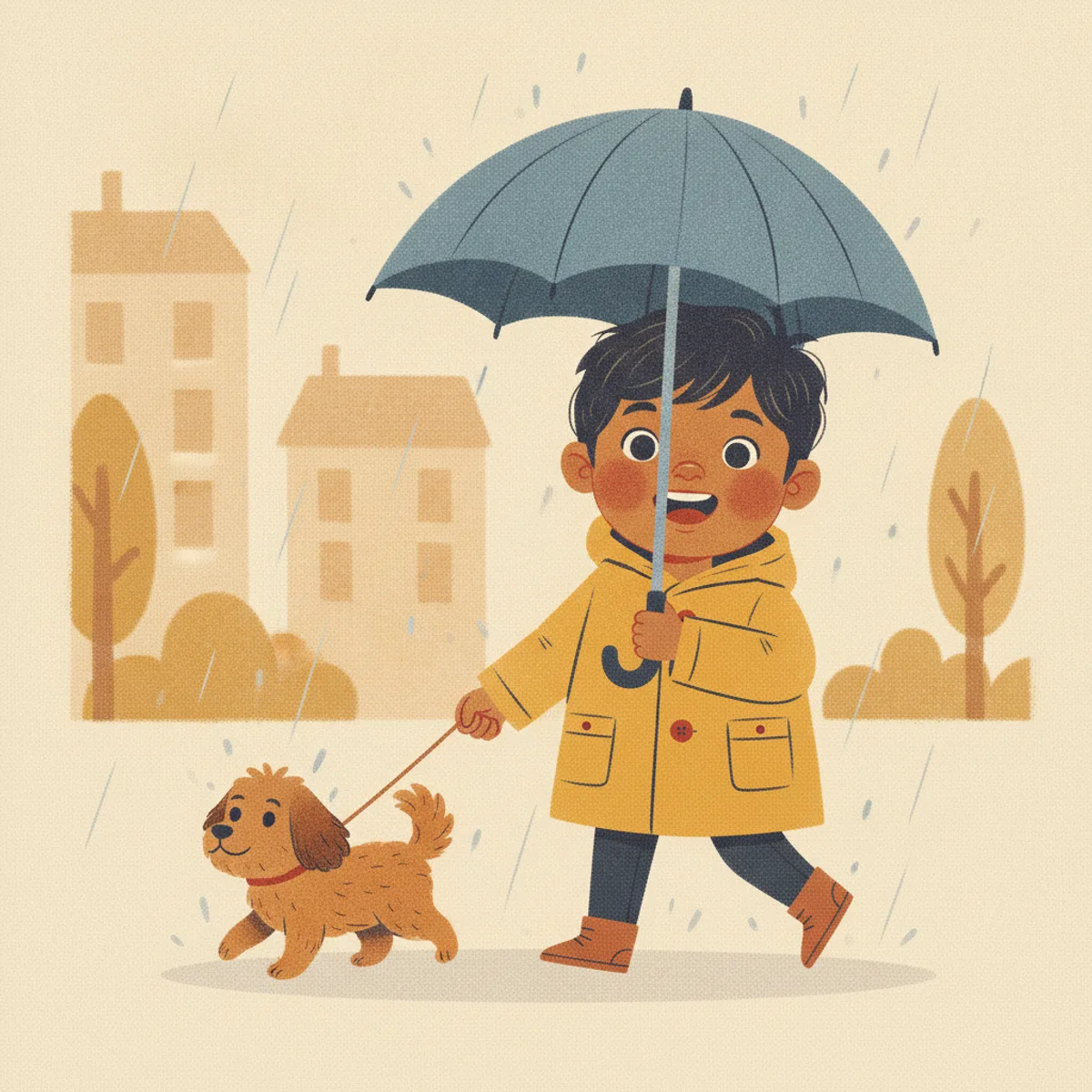 Ravi illustrated in the Risograph print style — walking a small dog in the rain