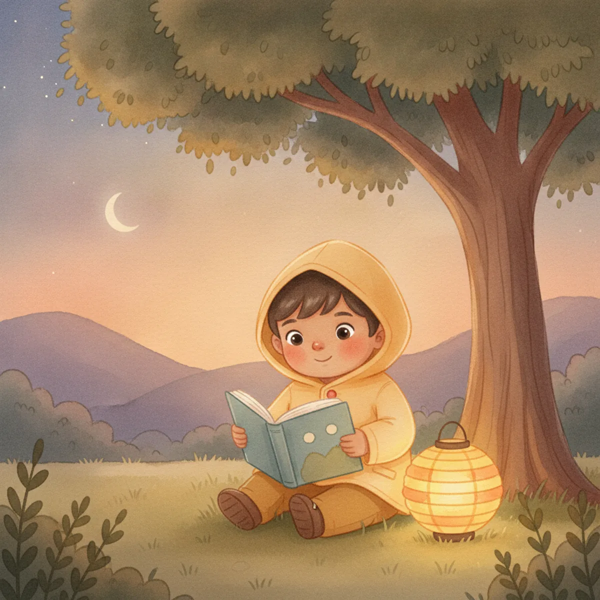 Ravi illustrated in the Soft watercolour style — reading under a tree by a paper lantern