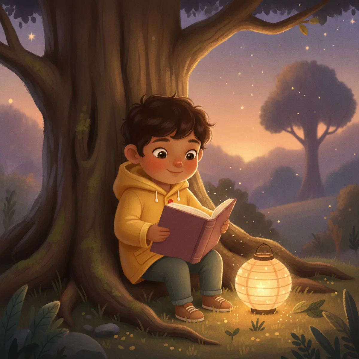 Ravi illustrated in the Whimsical fairytale style — reading under a tree by a paper lantern
