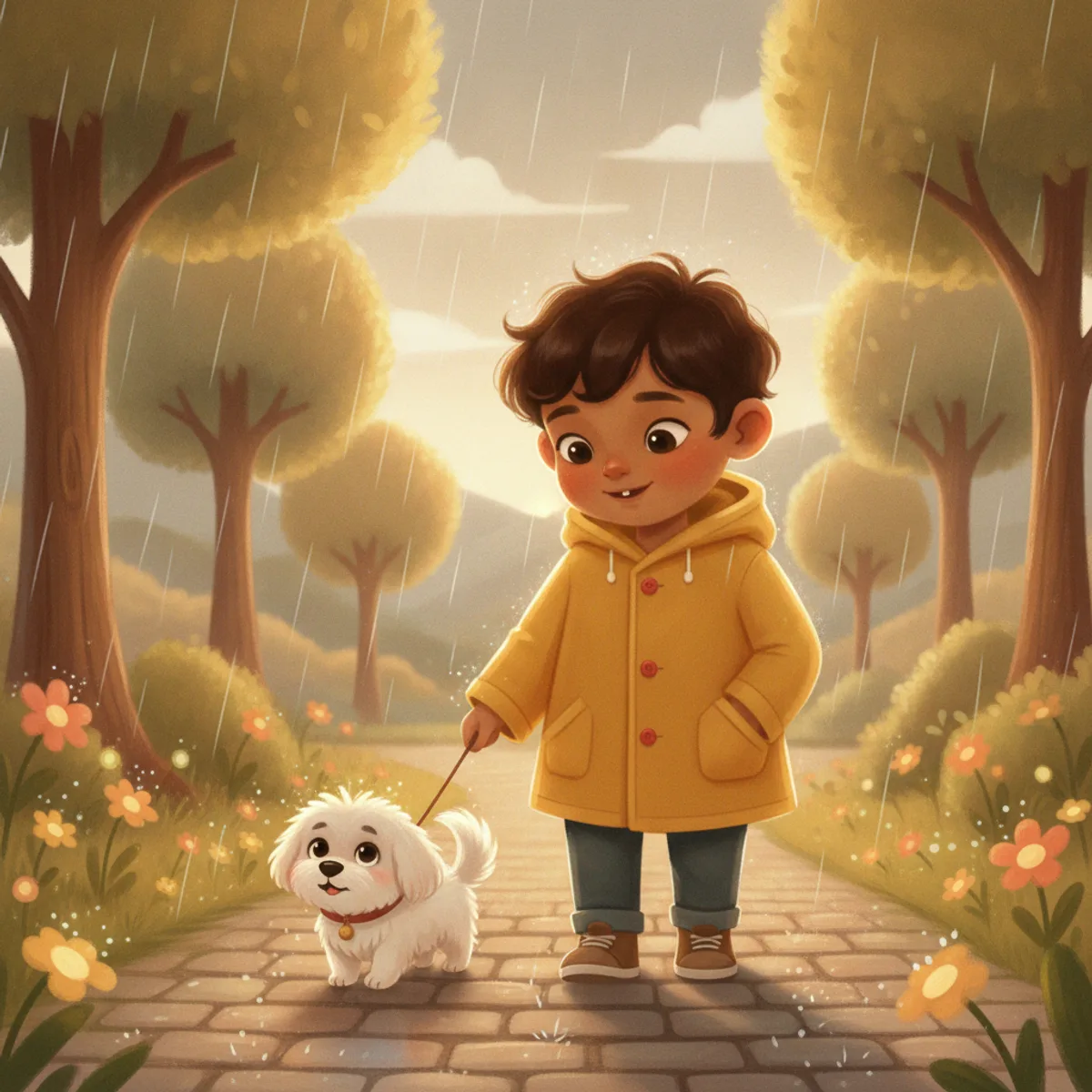 Ravi illustrated in the Whimsical fairytale style — walking a small dog in the rain