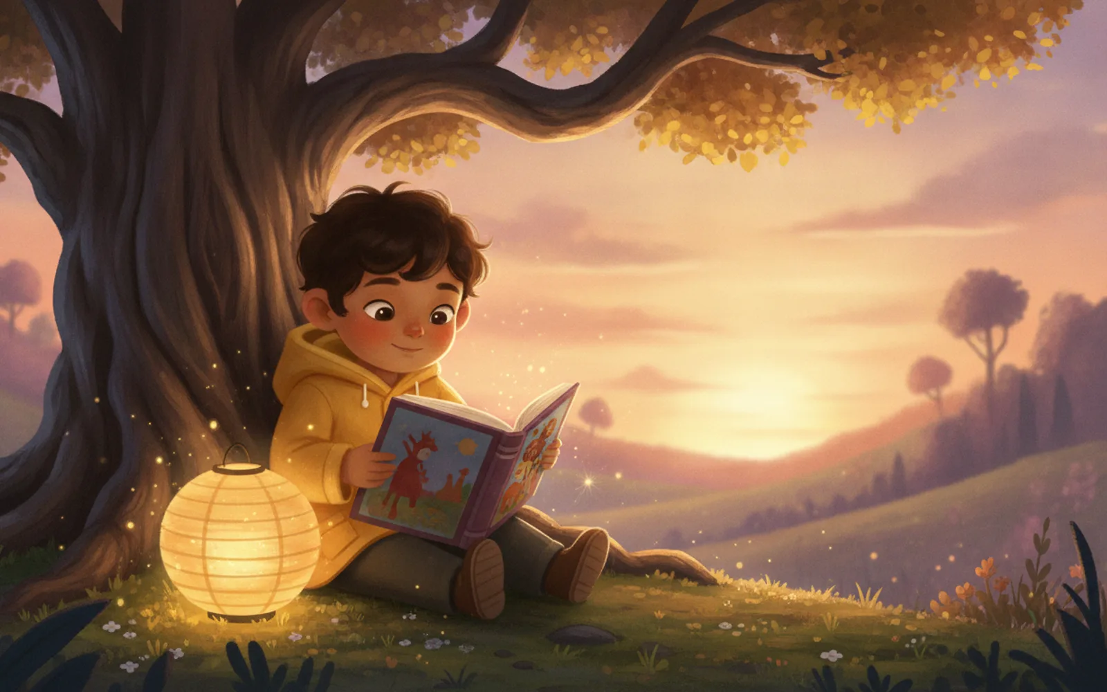 Ravi illustrated in the Whimsical fairytale style — reading under a tree by a paper lantern